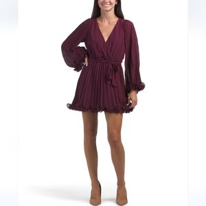 LUSH Long Sleeve Pleated Wrap Mini Dress